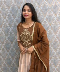 Brown with Beige Color Premium Mul Chanderi Silk Ethnic 3 Piece Salwar Set with Lining /  ESS425
