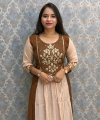 Brown with Beige Color Premium Mul Chanderi Silk Ethnic 3 Piece Salwar Set with Lining /  ESS425