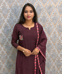 Dark Purple Color Premium Mul Chanderi Silk Ethnic 3 Piece Salwar Set with Lining /  ESS425