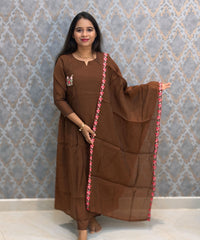 Brown Color Premium Mul Chanderi Silk Ethnic 3 Piece Salwar Set with Lining /  ESS425