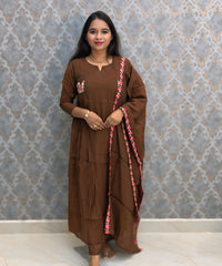 Brown Color Premium Mul Chanderi Silk Ethnic 3 Piece Salwar Set with Lining /  ESS425