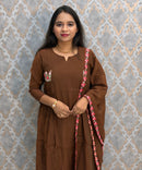 Brown Color Premium Mul Chanderi Silk Ethnic 3 Piece Salwar Set with Lining /  ESS425