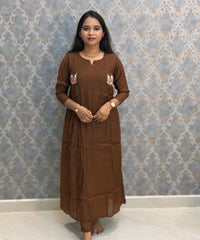 Brown Color Premium Mul Chanderi Silk Ethnic 3 Piece Salwar Set with Lining /  ESS425