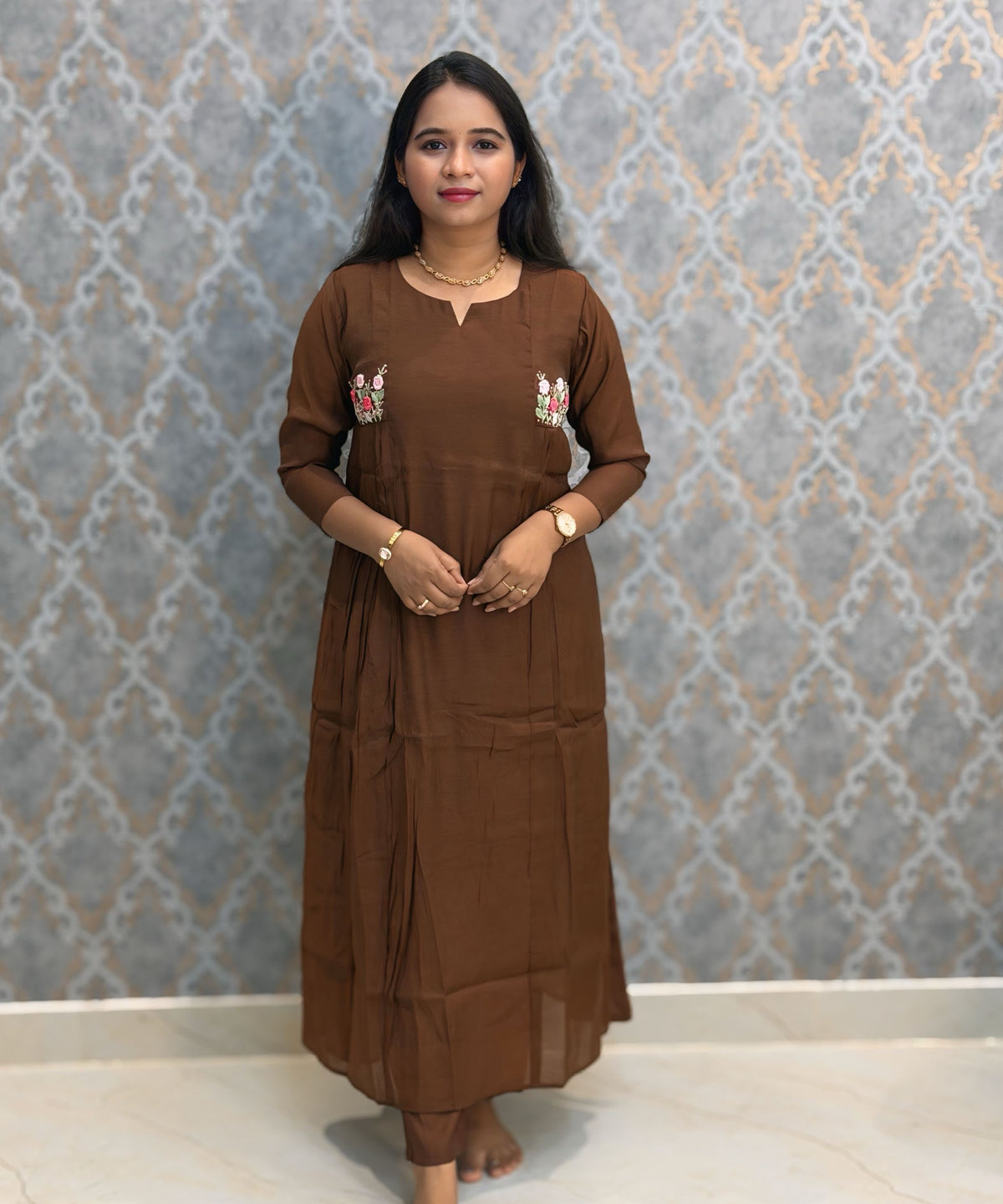 Brown Color Premium Mul Chanderi Silk Ethnic 3 Piece Salwar Set with Lining /  ESS425