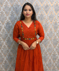 Rust Orange and Green Color Premium Mul Chanderi Silk Ethnic 3 Piece Salwar Set with Lining /  ESS425