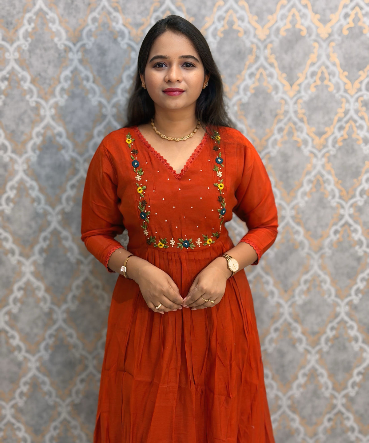 Rust Orange and Green Color Premium Mul Chanderi Silk Ethnic 3 Piece Salwar Set with Lining /  ESS425
