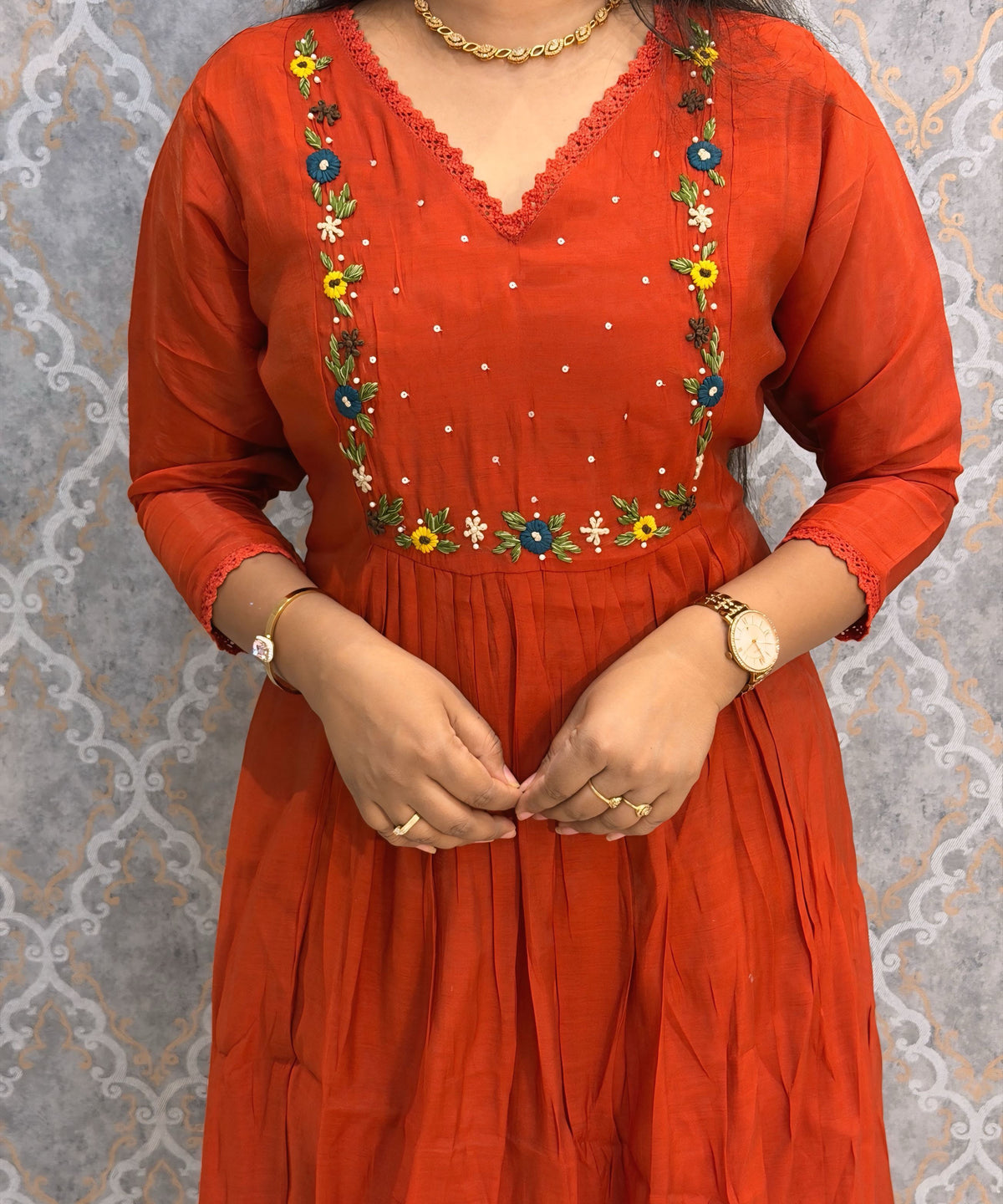 Rust Orange and Green Color Premium Mul Chanderi Silk Ethnic 3 Piece Salwar Set with Lining /  ESS425
