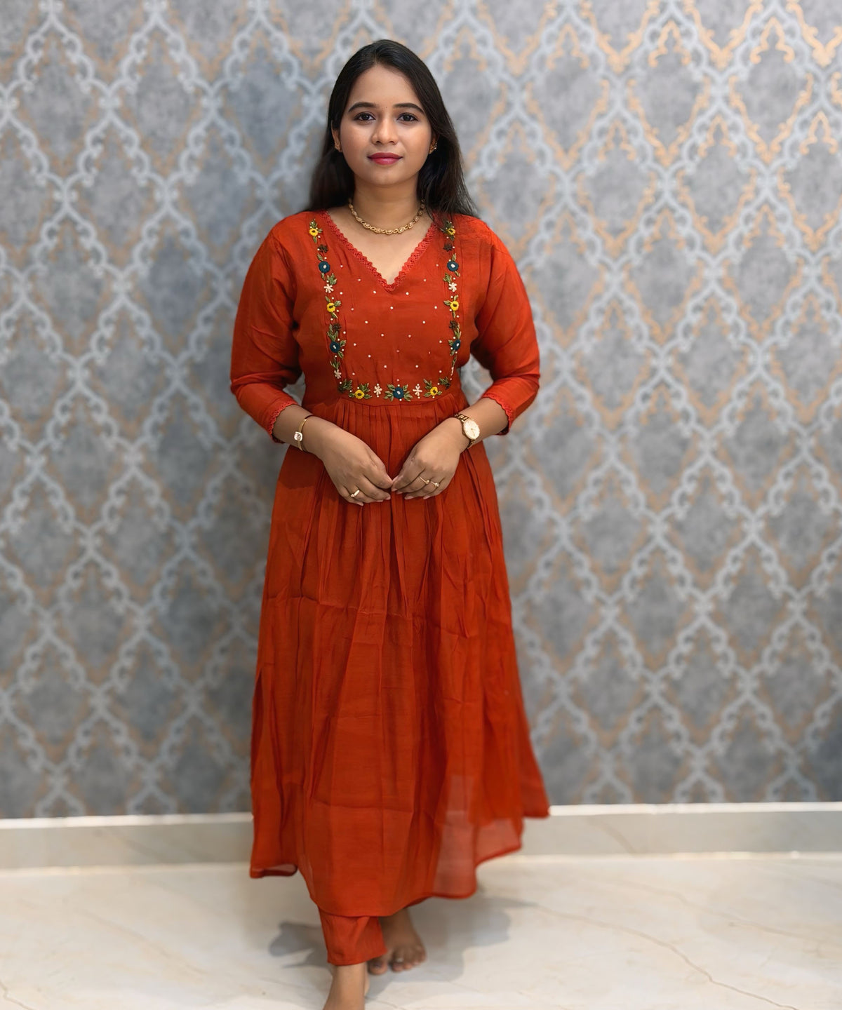 Rust Orange and Green Color Premium Mul Chanderi Silk Ethnic 3 Piece Salwar Set with Lining /  ESS425