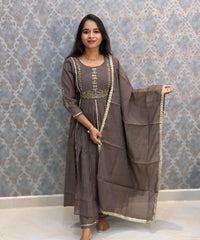 Gray Color Premium Mul Chanderi Silk Ethnic 3 Piece Salwar Set with Lining /  ESS425