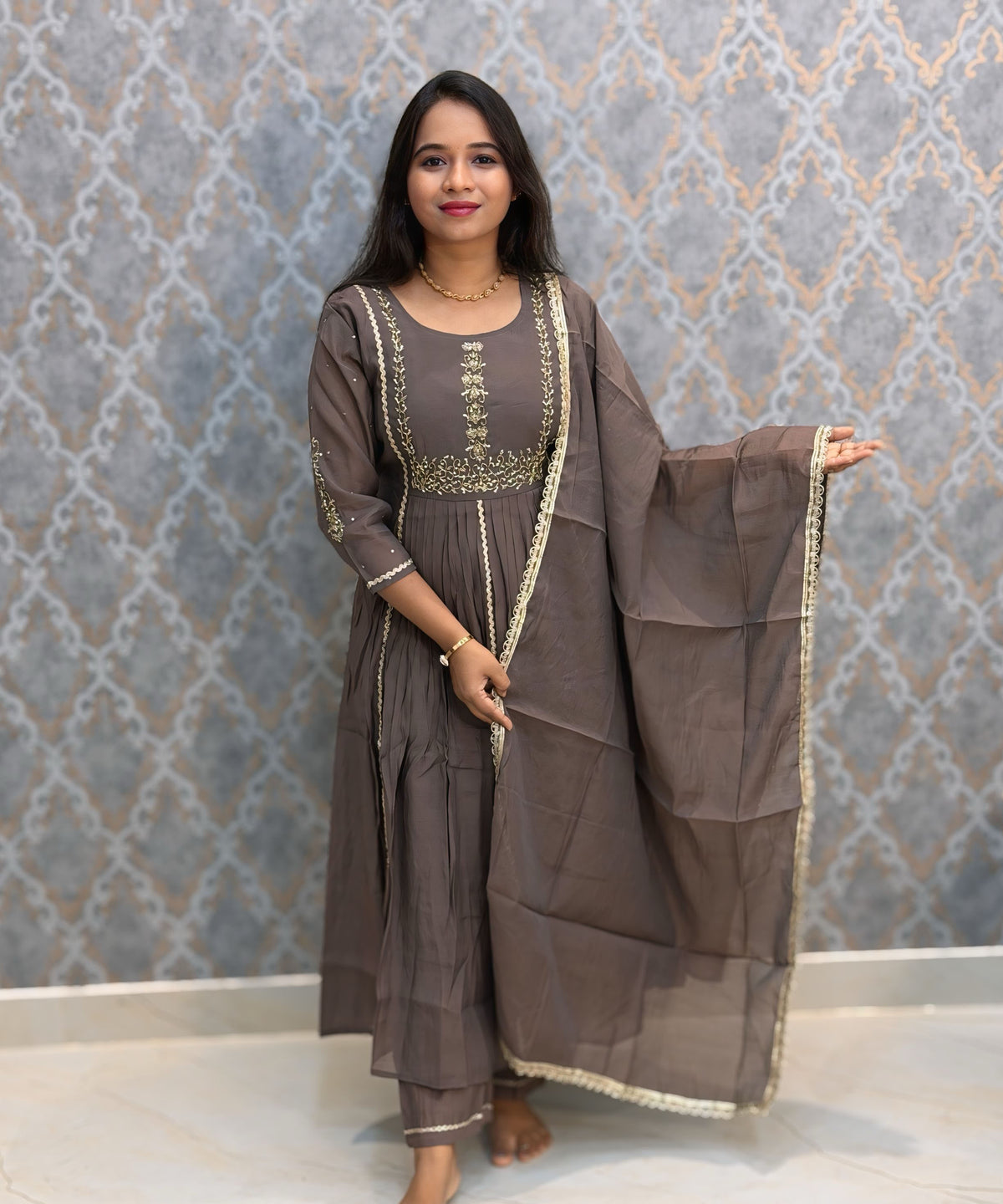 Gray Color Premium Mul Chanderi Silk Ethnic 3 Piece Salwar Set with Lining /  ESS425