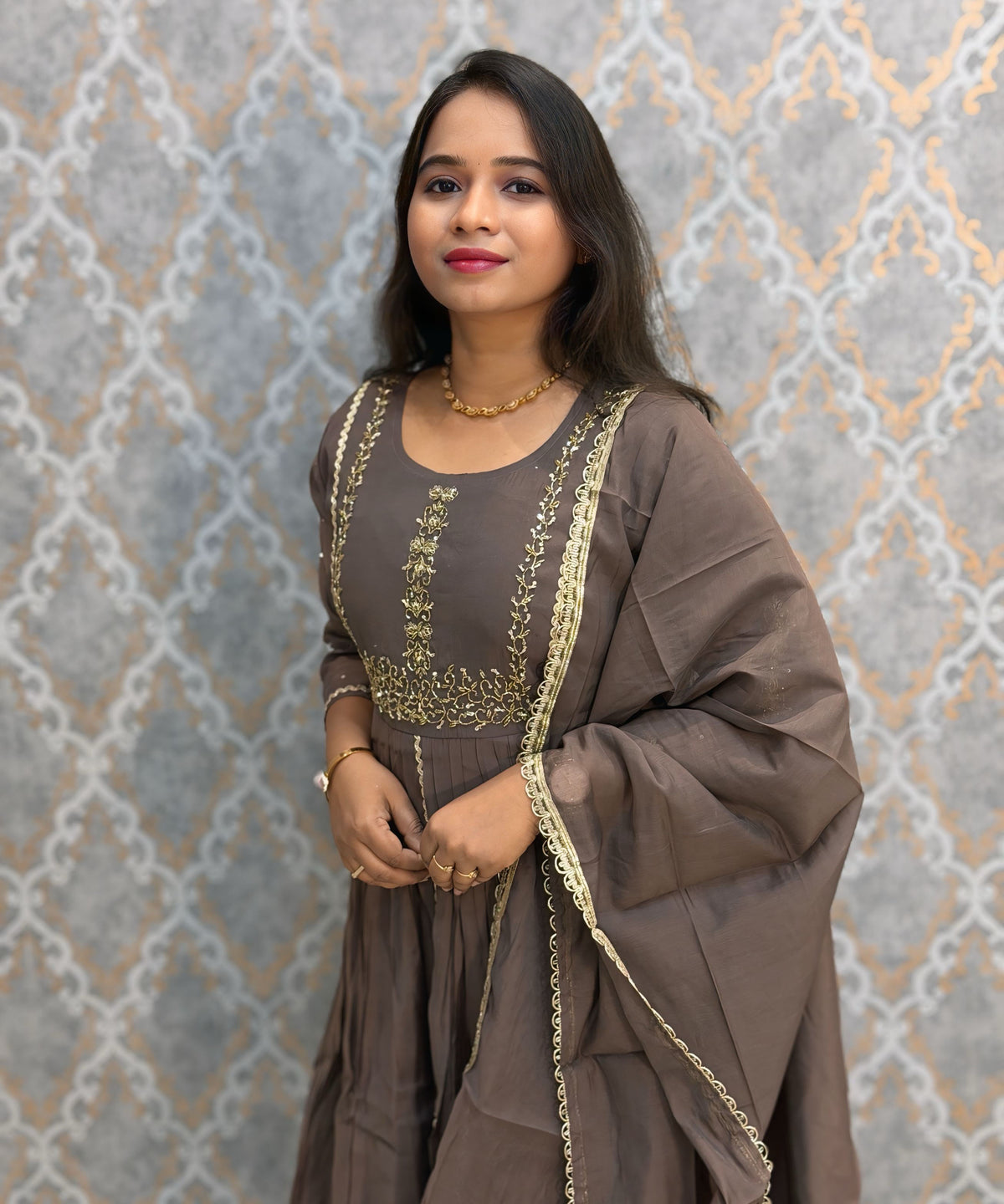 Gray Color Premium Mul Chanderi Silk Ethnic 3 Piece Salwar Set with Lining /  ESS425
