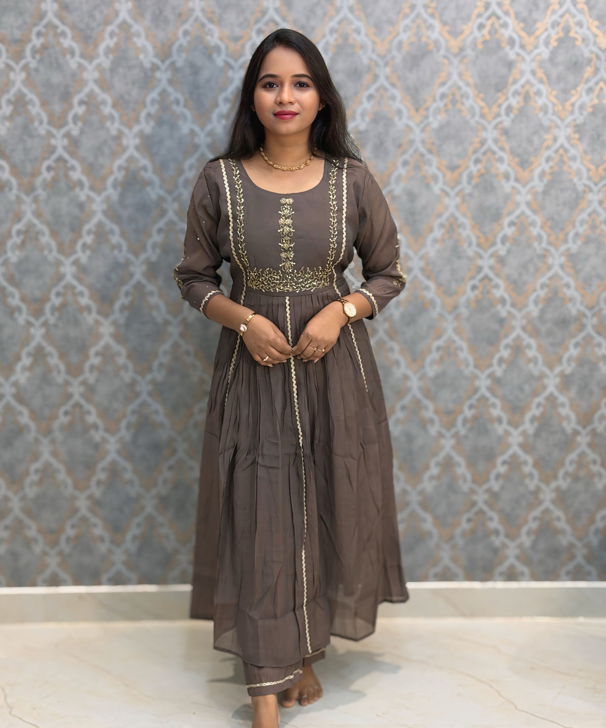 Gray Color Premium Mul Chanderi Silk Ethnic 3 Piece Salwar Set with Lining /  ESS425