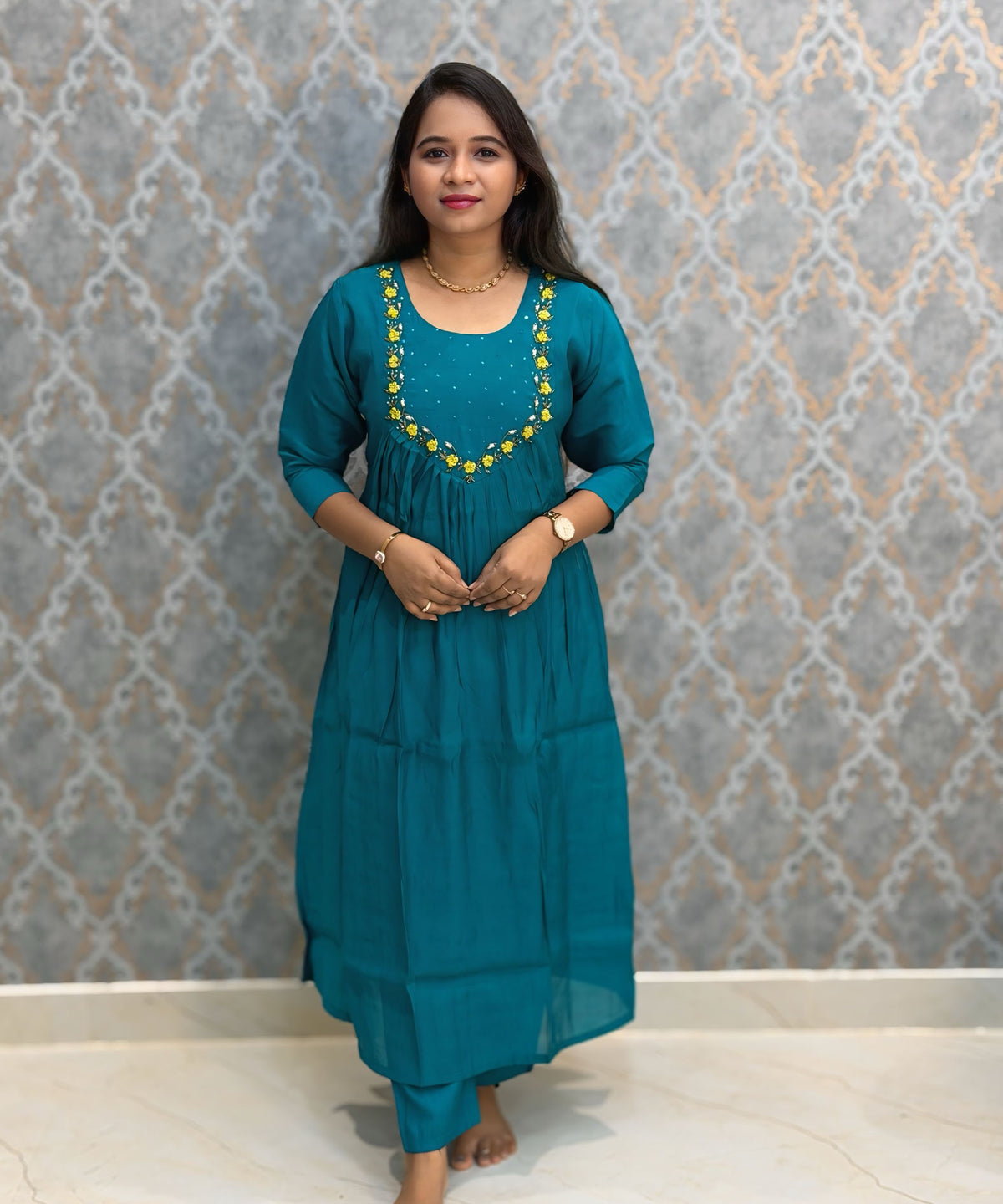 Rama Green and Lemon Yellow Color Premium Mul Chanderi Silk Ethnic 3 Piece Salwar Set with Lining /  ESS425