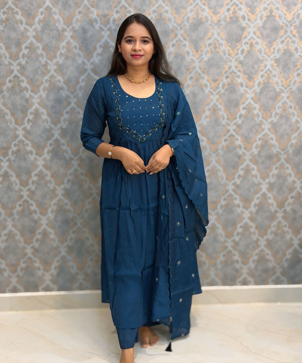 Navy Blue Color Premium Mul Chanderi Silk Ethnic 3 Piece Salwar Set with Lining /  ESS425