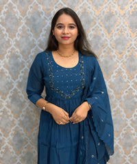 Navy Blue Color Premium Mul Chanderi Silk Ethnic 3 Piece Salwar Set with Lining /  ESS425