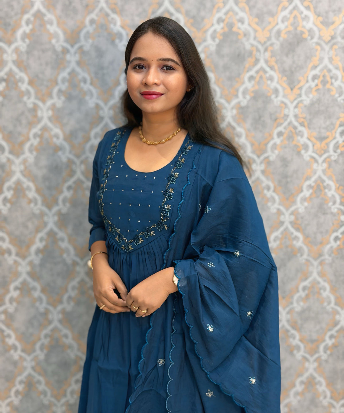 Navy Blue Color Premium Mul Chanderi Silk Ethnic 3 Piece Salwar Set with Lining /  ESS425