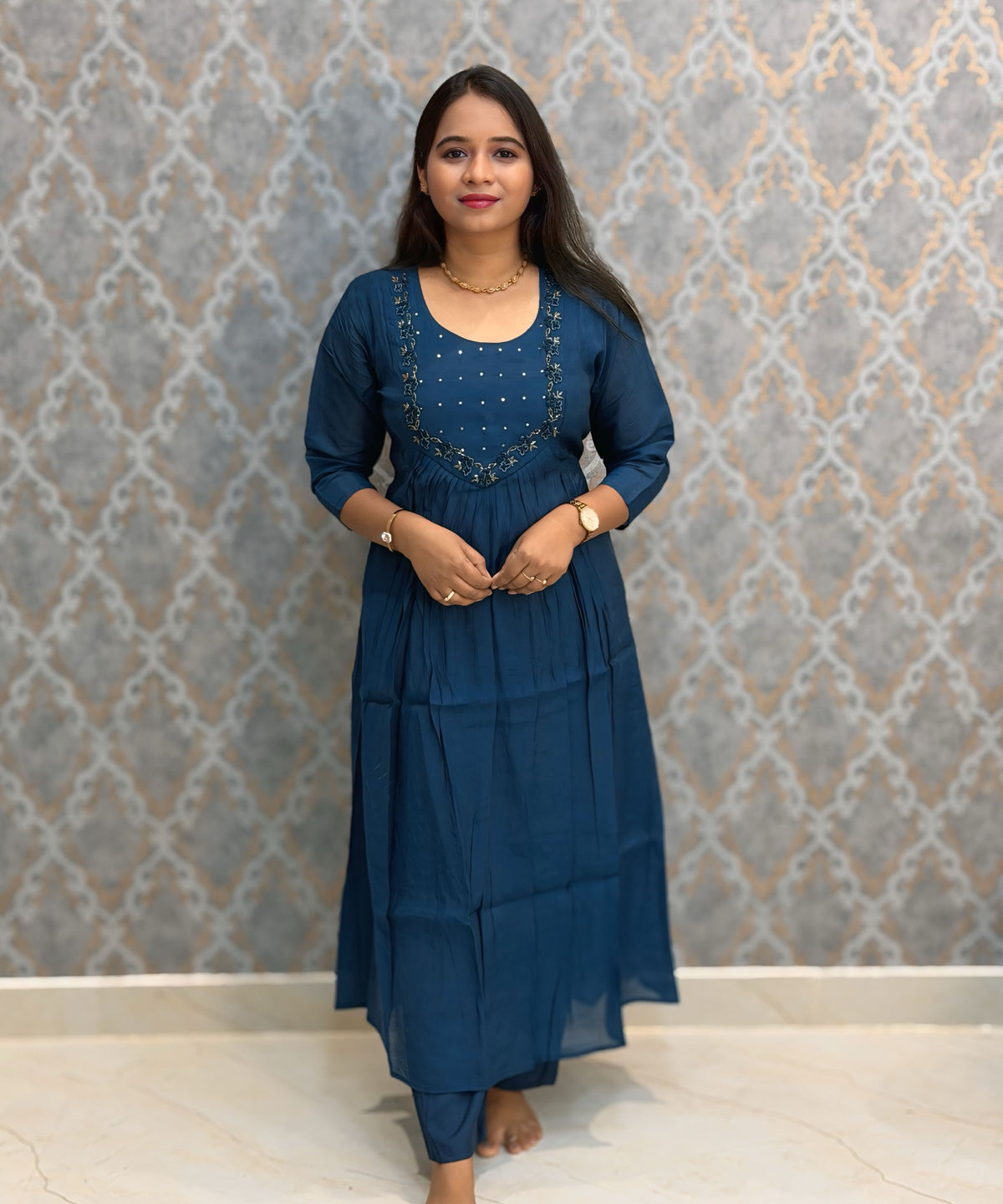 Navy Blue Color Premium Mul Chanderi Silk Ethnic 3 Piece Salwar Set with Lining /  ESS425