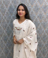 White Color Premium Mul Chanderi Silk Ethnic 3 Piece Salwar Set with Lining /  ESS425