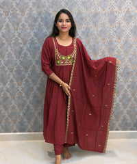 Maroon Color Premium Mul Chanderi Silk Ethnic 3 Piece Salwar Set with Lining /  ESS425