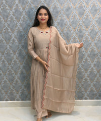 Beige Color Premium Mul Chanderi Silk Ethnic 3 Piece Salwar Set with Lining /  ESS425