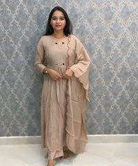 Beige Color Premium Mul Chanderi Silk Ethnic 3 Piece Salwar Set with Lining /  ESS425