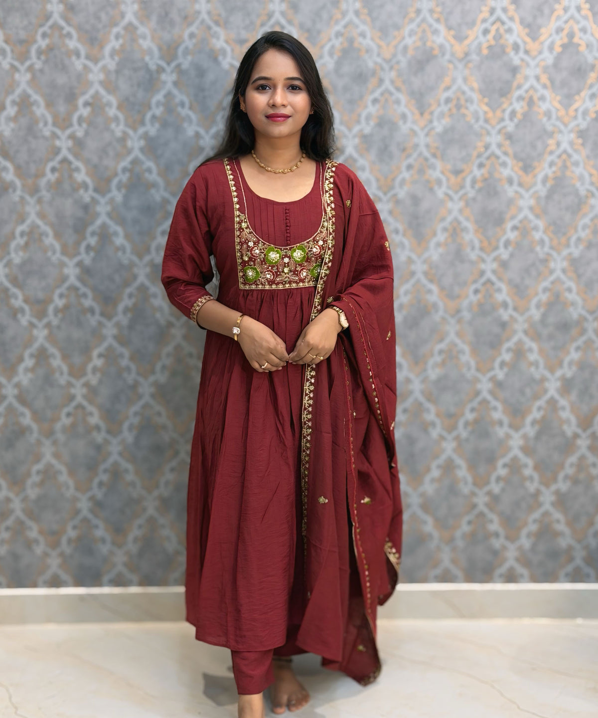 Maroon Color Premium Mul Chanderi Silk Ethnic 3 Piece Salwar Set with Lining /  ESS425