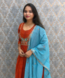 Rust Orange and Blue Color Premium Mul Chanderi Silk Ethnic 3 Piece Salwar Set with Lining /  ESS425