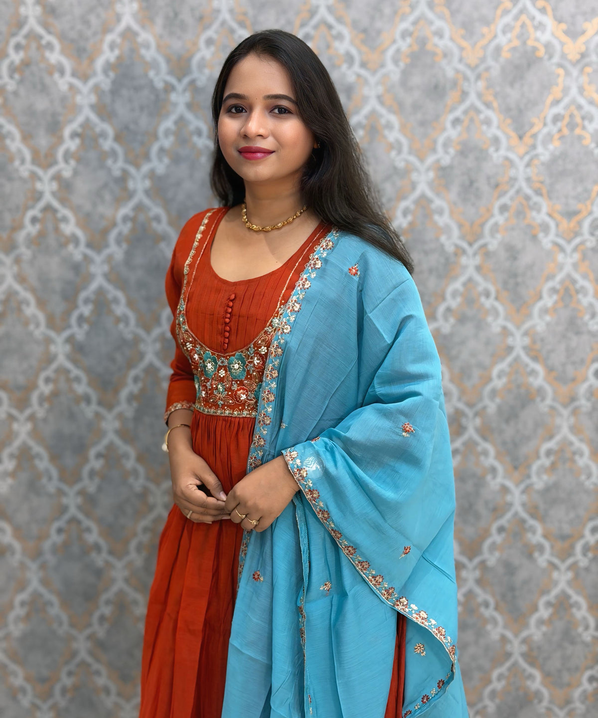 Rust Orange and Blue Color Premium Mul Chanderi Silk Ethnic 3 Piece Salwar Set with Lining /  ESS425