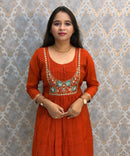 Rust Orange and Blue Color Premium Mul Chanderi Silk Ethnic 3 Piece Salwar Set with Lining /  ESS425