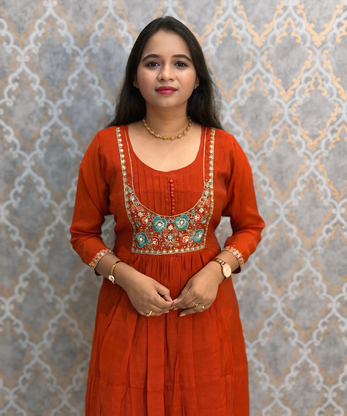 Rust Orange and Blue Color Premium Mul Chanderi Silk Ethnic 3 Piece Salwar Set with Lining /  ESS425