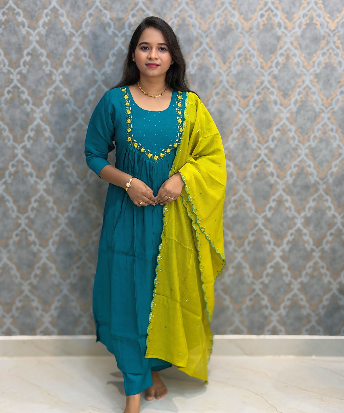 Rama Green and Lemon Yellow Color Premium Mul Chanderi Silk Ethnic 3 Piece Salwar Set with Lining /  ESS425