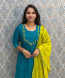Rama Green and Lemon Yellow Color Premium Mul Chanderi Silk Ethnic 3 Piece Salwar Set with Lining /  ESS425