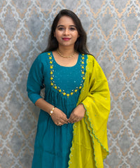 Rama Green and Lemon Yellow Color Premium Mul Chanderi Silk Ethnic 3 Piece Salwar Set with Lining /  ESS425