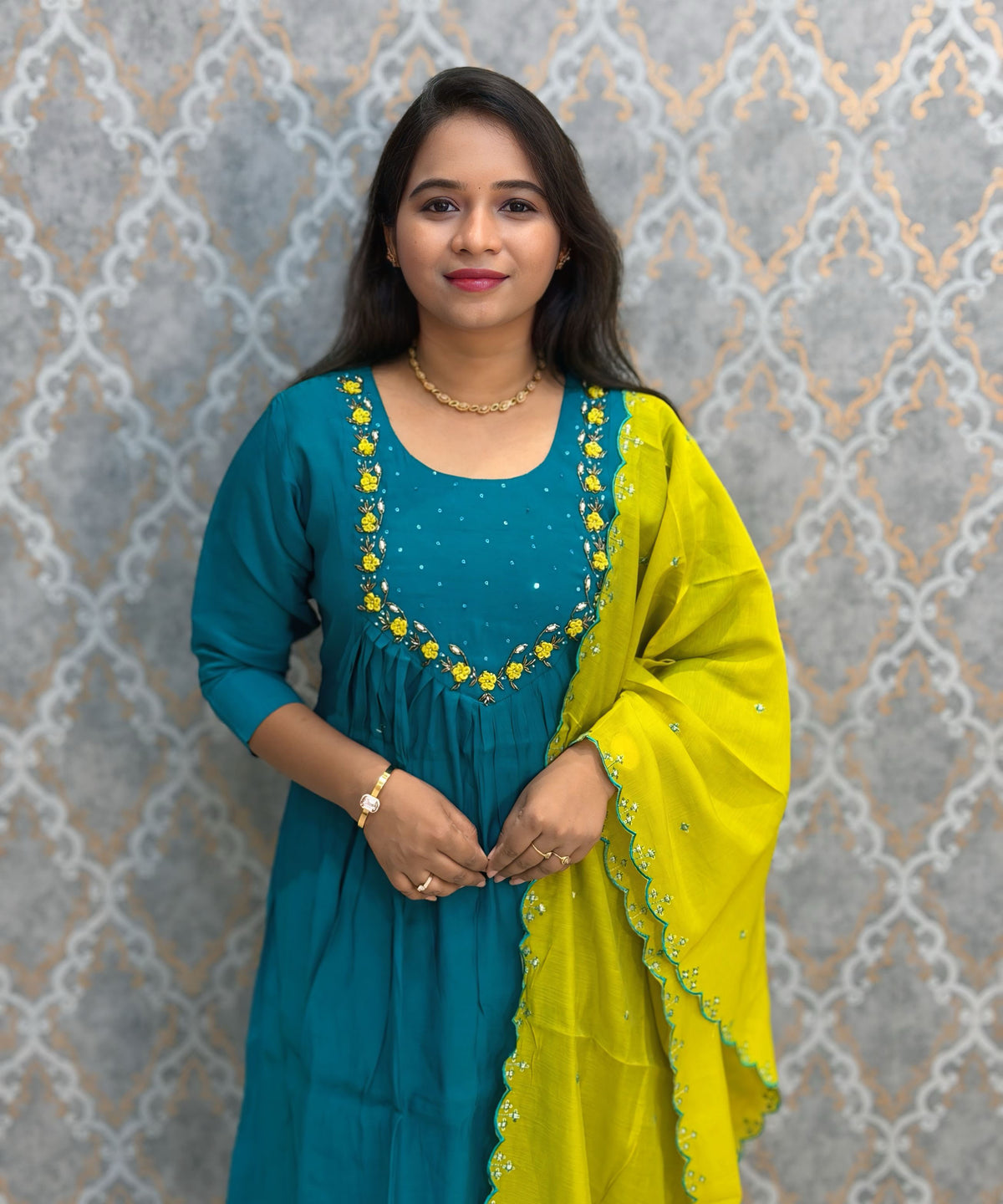 Rama Green and Lemon Yellow Color Premium Mul Chanderi Silk Ethnic 3 Piece Salwar Set with Lining /  ESS425