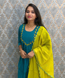 Rama Green and Lemon Yellow Color Premium Mul Chanderi Silk Ethnic 3 Piece Salwar Set with Lining /  ESS425