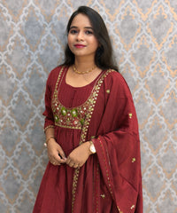 Maroon Color Premium Mul Chanderi Silk Ethnic 3 Piece Salwar Set with Lining /  ESS425