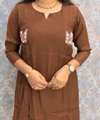 Brown Color Premium Mul Chanderi Silk Ethnic 3 Piece Salwar Set with Lining /  ESS425