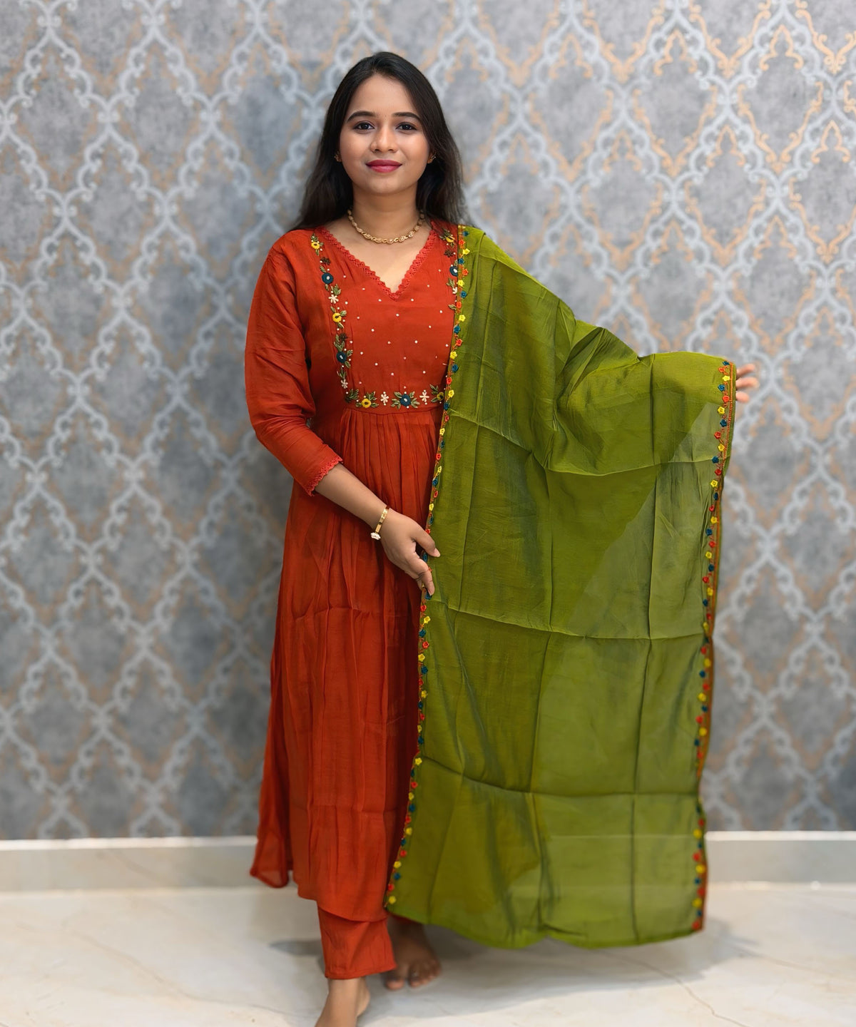 Rust Orange and Green Color Premium Mul Chanderi Silk Ethnic 3 Piece Salwar Set with Lining /  ESS425