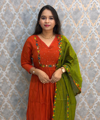 Rust Orange and Green Color Premium Mul Chanderi Silk Ethnic 3 Piece Salwar Set with Lining /  ESS425