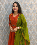 Rust Orange and Green Color Premium Mul Chanderi Silk Ethnic 3 Piece Salwar Set with Lining /  ESS425