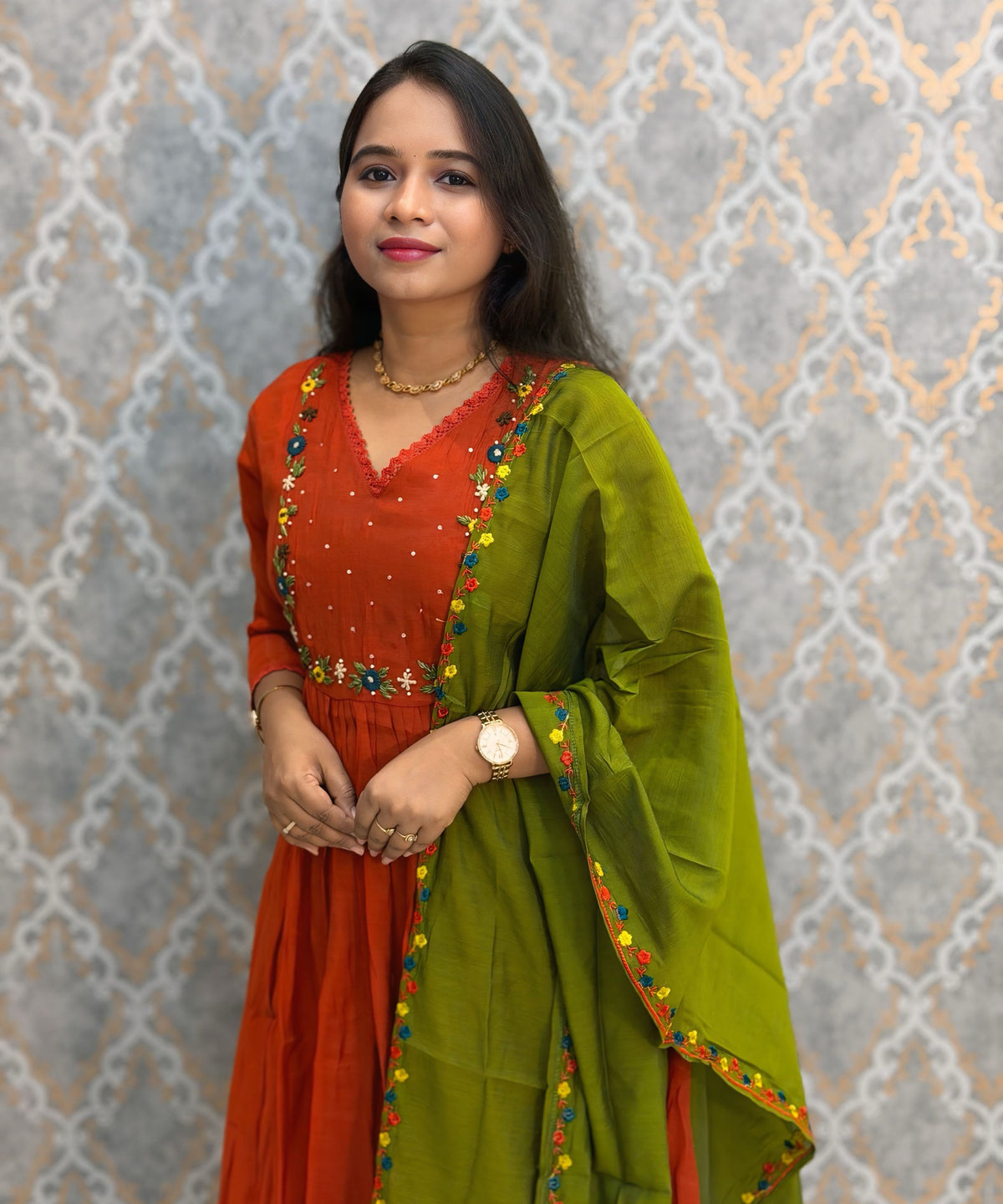 Rust Orange and Green Color Premium Mul Chanderi Silk Ethnic 3 Piece Salwar Set with Lining /  ESS425