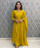 Mustard Yellow Color Premium Mul Chanderi Silk Ethnic 3 Piece Salwar Set with Lining /  ESS425