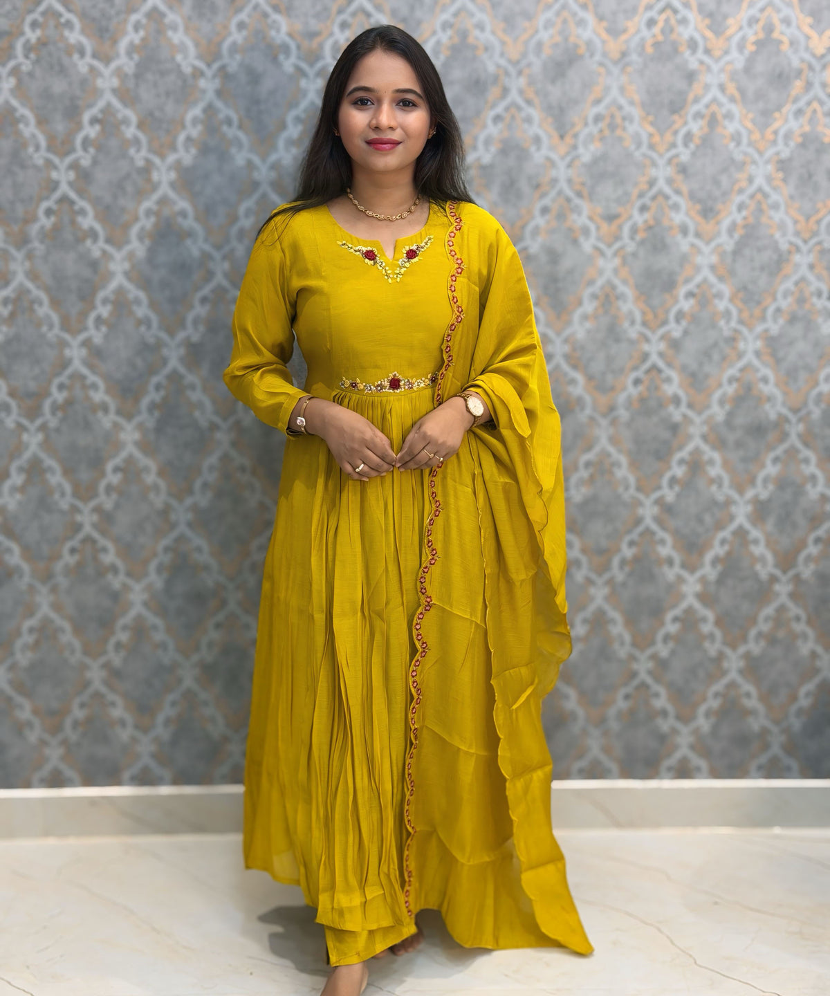 Mustard Yellow Color Premium Mul Chanderi Silk Ethnic 3 Piece Salwar Set with Lining /  ESS425