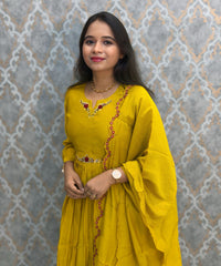 Mustard Yellow Color Premium Mul Chanderi Silk Ethnic 3 Piece Salwar Set with Lining /  ESS425