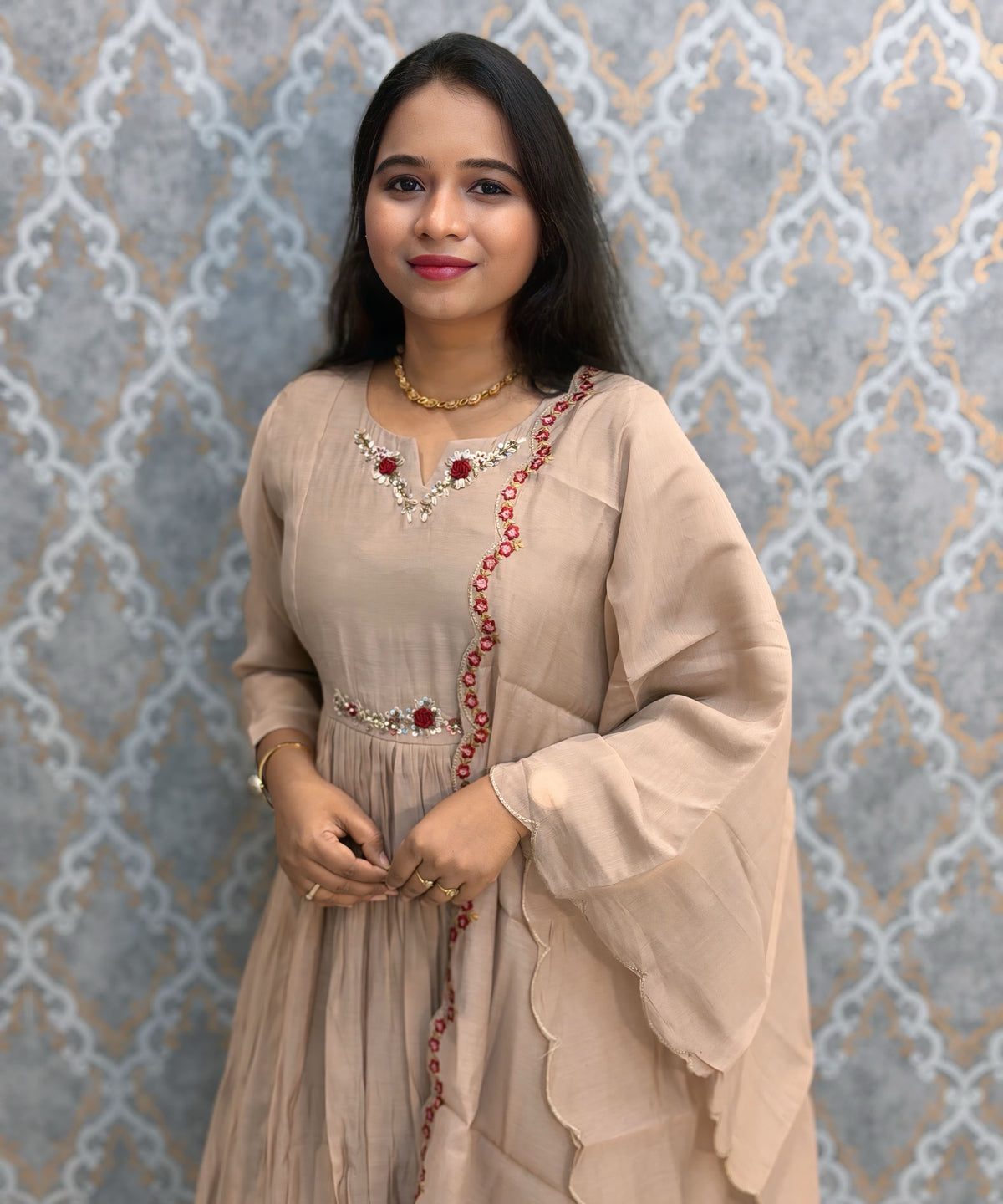 Beige Color Premium Mul Chanderi Silk Ethnic 3 Piece Salwar Set with Lining /  ESS425