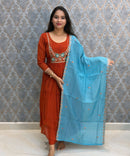 Rust Orange and Blue Color Premium Mul Chanderi Silk Ethnic 3 Piece Salwar Set with Lining /  ESS425