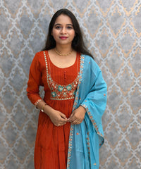 Rust Orange and Blue Color Premium Mul Chanderi Silk Ethnic 3 Piece Salwar Set with Lining /  ESS425