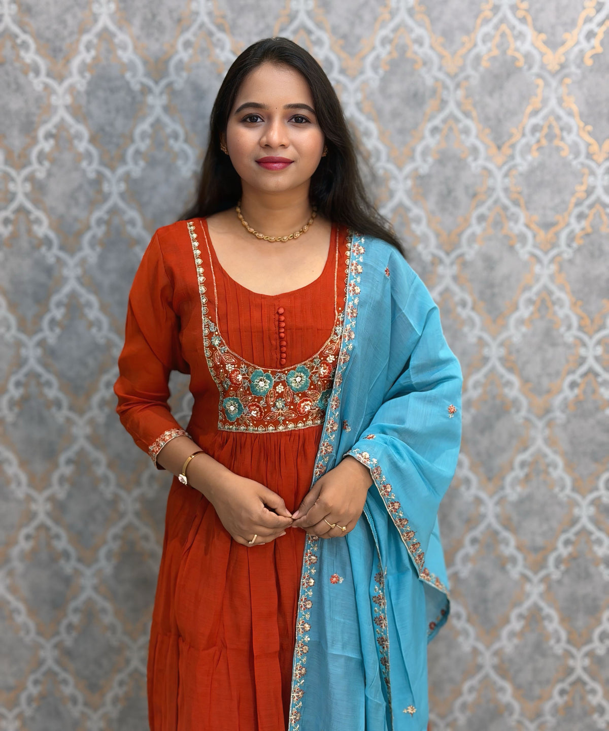 Rust Orange and Blue Color Premium Mul Chanderi Silk Ethnic 3 Piece Salwar Set with Lining /  ESS425