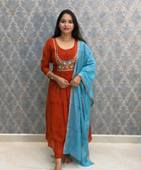 Rust Orange and Blue Color Premium Mul Chanderi Silk Ethnic 3 Piece Salwar Set with Lining /  ESS425