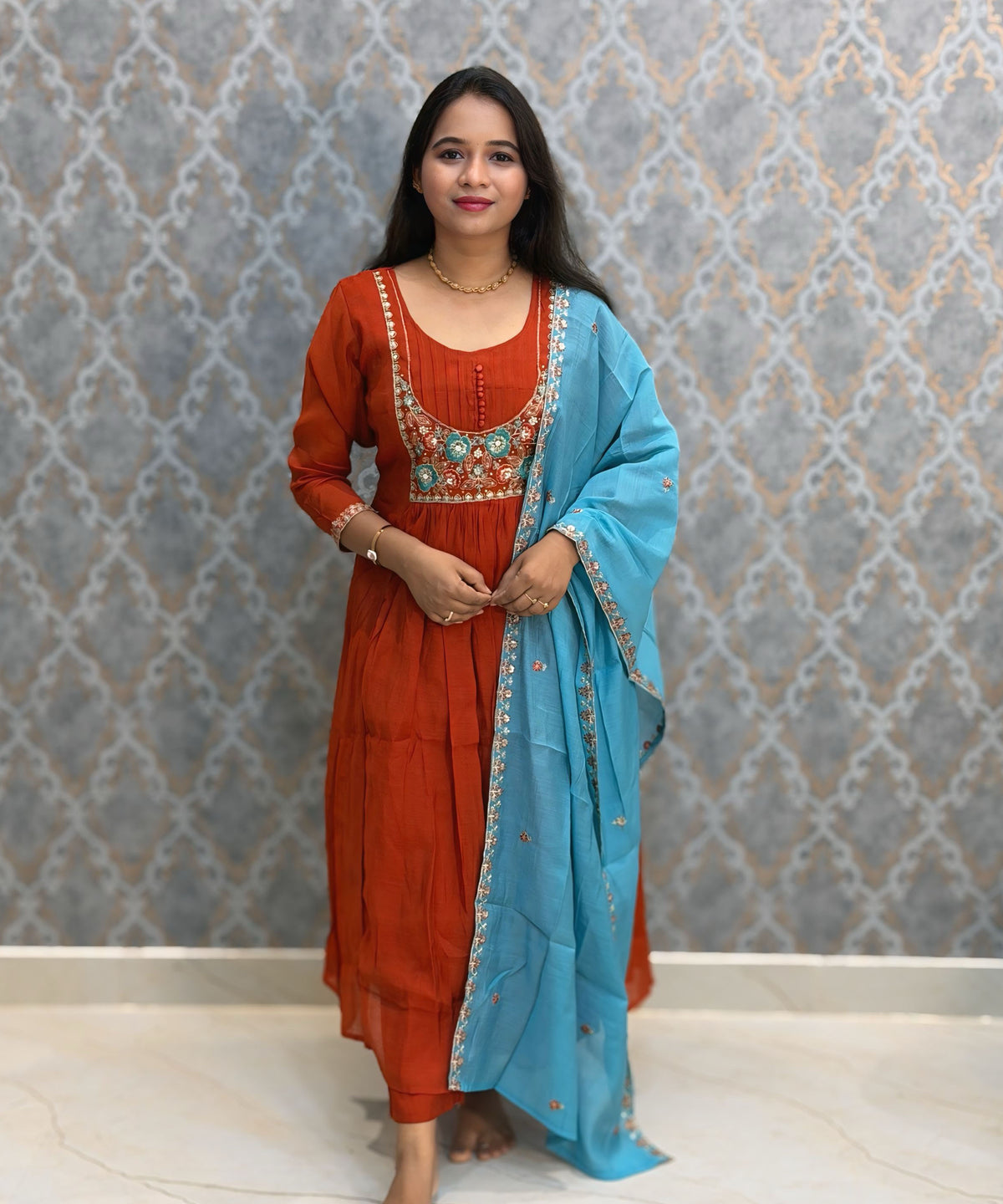 Rust Orange and Blue Color Premium Mul Chanderi Silk Ethnic 3 Piece Salwar Set with Lining /  ESS425